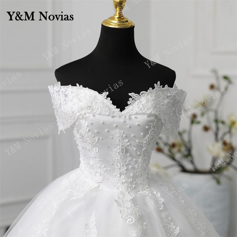 Y & m novias fora do ombro plus size vestido de noiva 2023 vestido longo trem ou chão apliques pérolas nupcial tule mariage