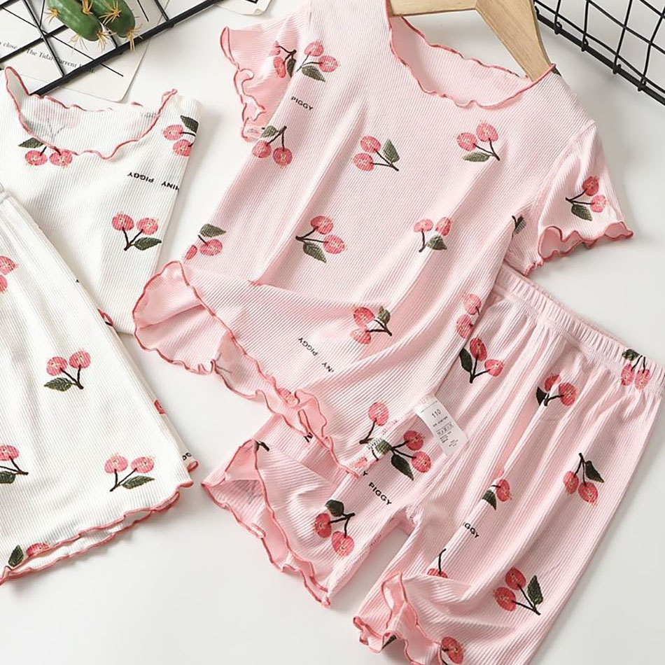 Pigiama estivo per ragazze Set pantaloncini elasticizzati a 4 direzioni con stampa di fiori di ciliegio e maglietta Miscela modale traspirante per andare a dormire e giochi per 1-8 anni