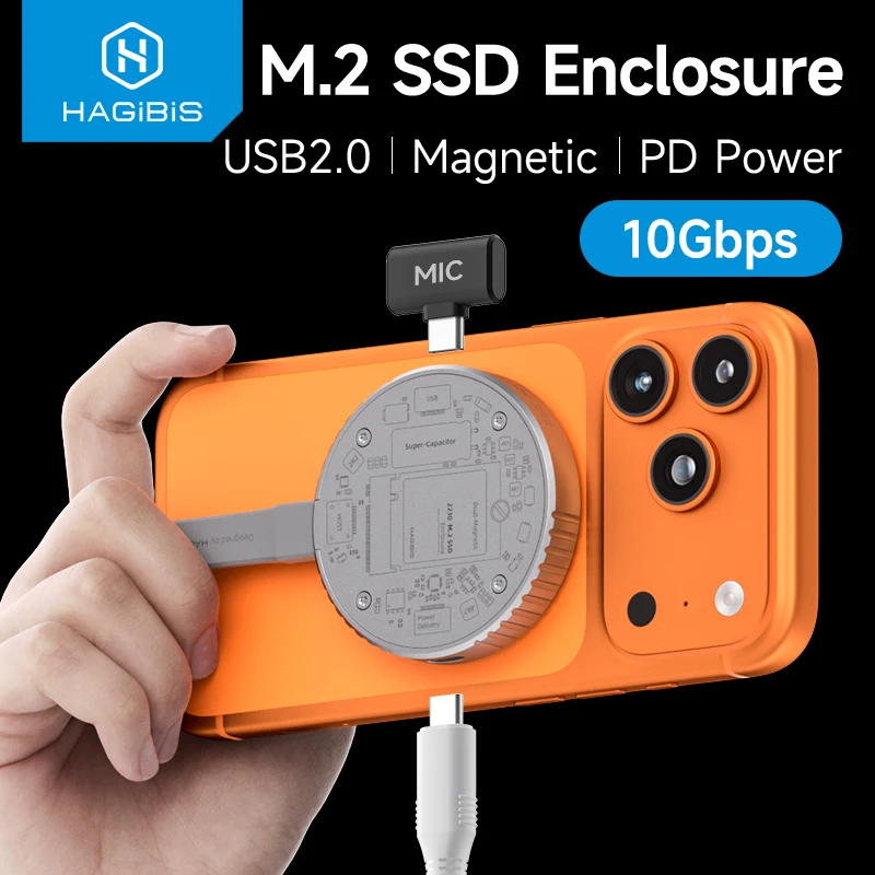 Hagibis Magnetisches M.2 2230 NVMe SSD-Gehäuse Magsafe SSD-Gehäuse USB C 3.2 Gen2 zu NVMe PCI-E für iPhone 16 Pro Max ProRes MacBook