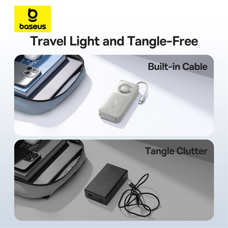 Baseus 10000mAh Power Bank 30W Retractable Built-In Type-C Fast Charging Cable For iPhone 17 16 Samsung S25 Poco Xiaomi Laptop
