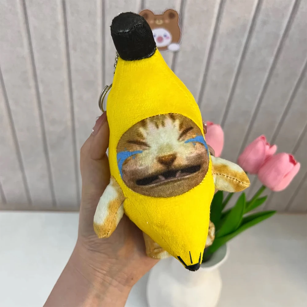 Banana gato boneca pingente chaveiro chorando feliz banana gato pingente de pelúcia com som brinquedo saco de carro engraçado pingente chaveiro presentes crianças