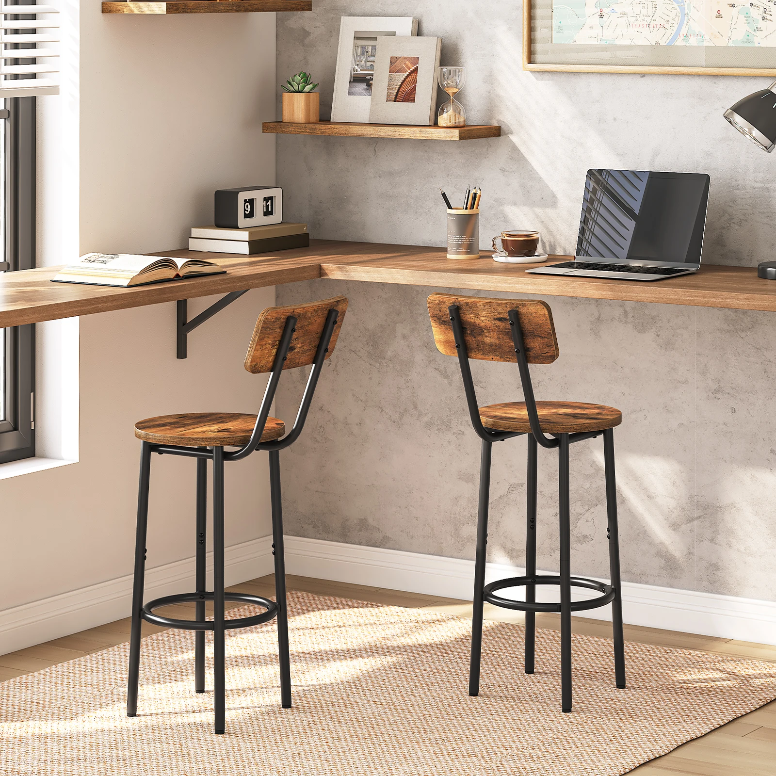 Bar Stools Set of 2 Breakfast Bar Stools Kitchen Stools with Backs and Footrest High Bar Chairs for Dining Room Party