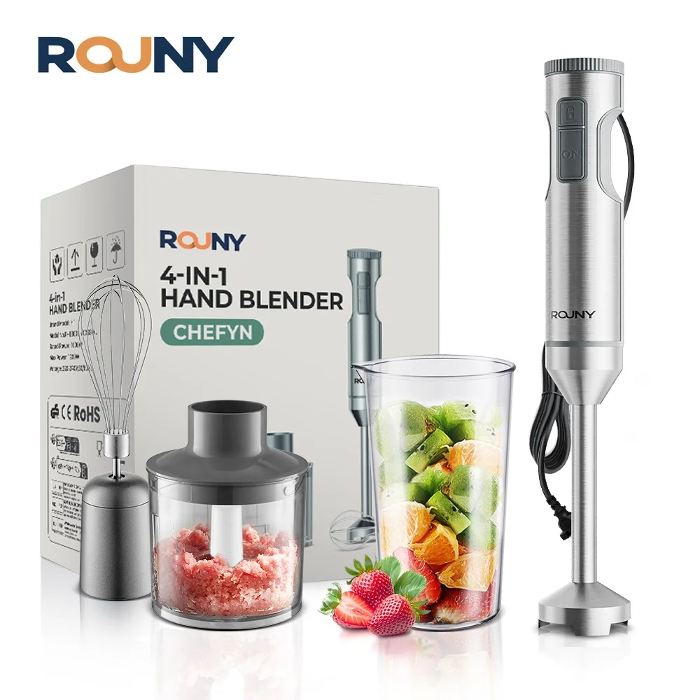 Blender ręczny MIUI 1000W, mocny 4-w-1, mikser do żywności ze stali nierdzewnej, kieliszek do mieszania 700 ml, robot kuchenny 500 ml, trzepaczka
