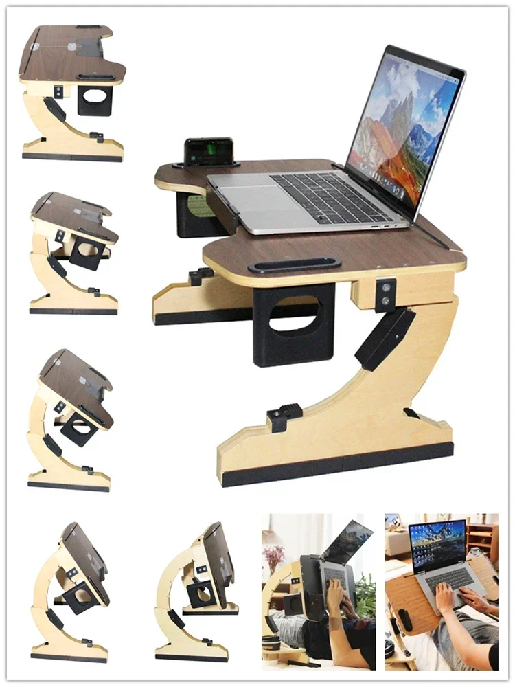 Madeira Preguiçoso Deitado Computer Rack, Dobrável Laptop Desk, Mini Ajustável Multi Ângulos Cama, Sofá Mesa, Útil, Suporte para Notebook Pequeno