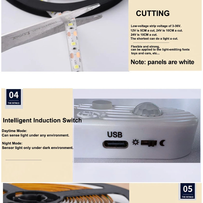 5V 2835 LED Motion Sensor Light Strip Waterproof Cabinet Night Light 1M/2M Tape Light For Indoor Bedroom Wardrobe Stair Lighting