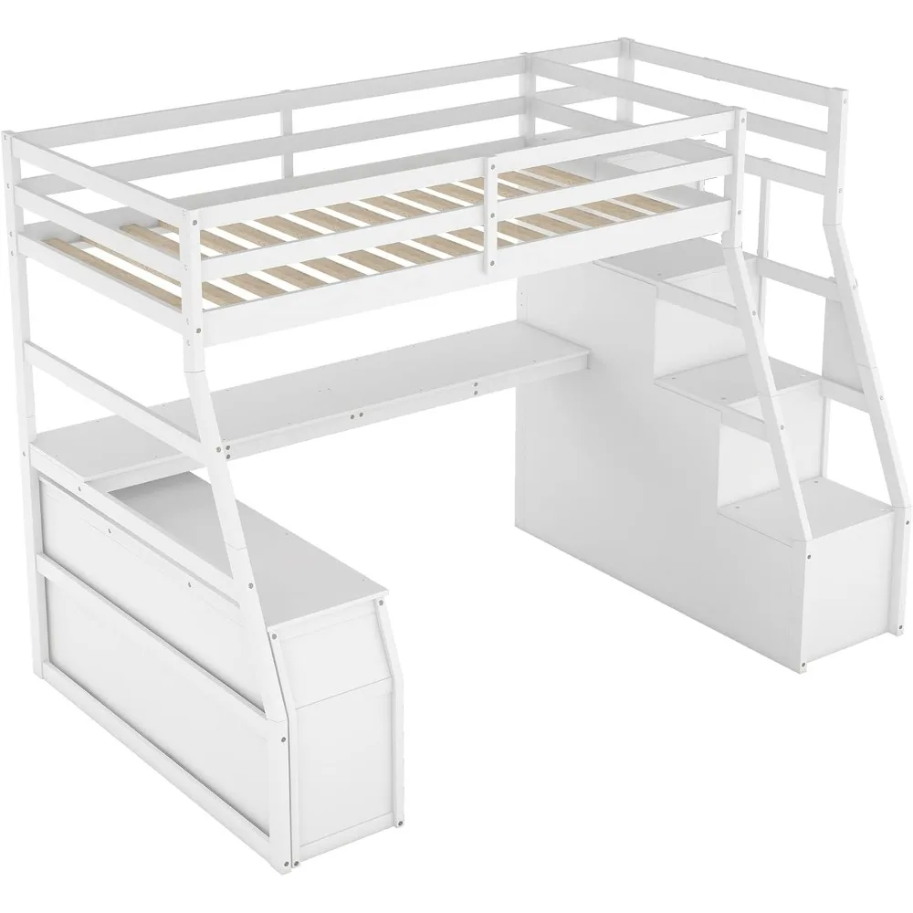 Twin Loft Bed. Twin Loft Bed with Stairs &Desk, Wood Loft Bed Frame with Storage Drawers and Cabinet,High Bed with Storage