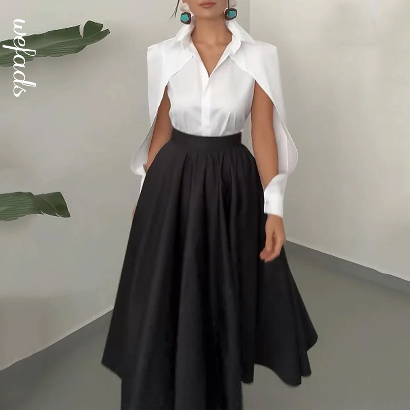 Wefads outono inverno conjunto de duas peças elegante sólido manga longa oco para fora laclé camisa superior solto vestido preto define roupas femininas