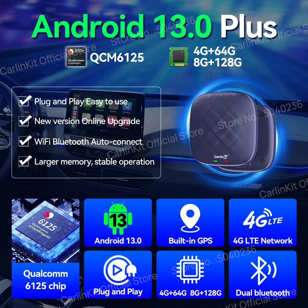 2024 NEW CarlinKit CarPlay Ai Box Qualcomm QCM6125 8-Core CPU Android 13 Wireless Carplay Android auto GPS For Wired CarPlay Car