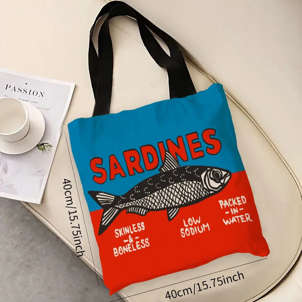 Bolso casual colorido de moda con estampado de sardines, mochila de moda reutilizable, bolso de mano multifuncional, bolso de compras de poliéster