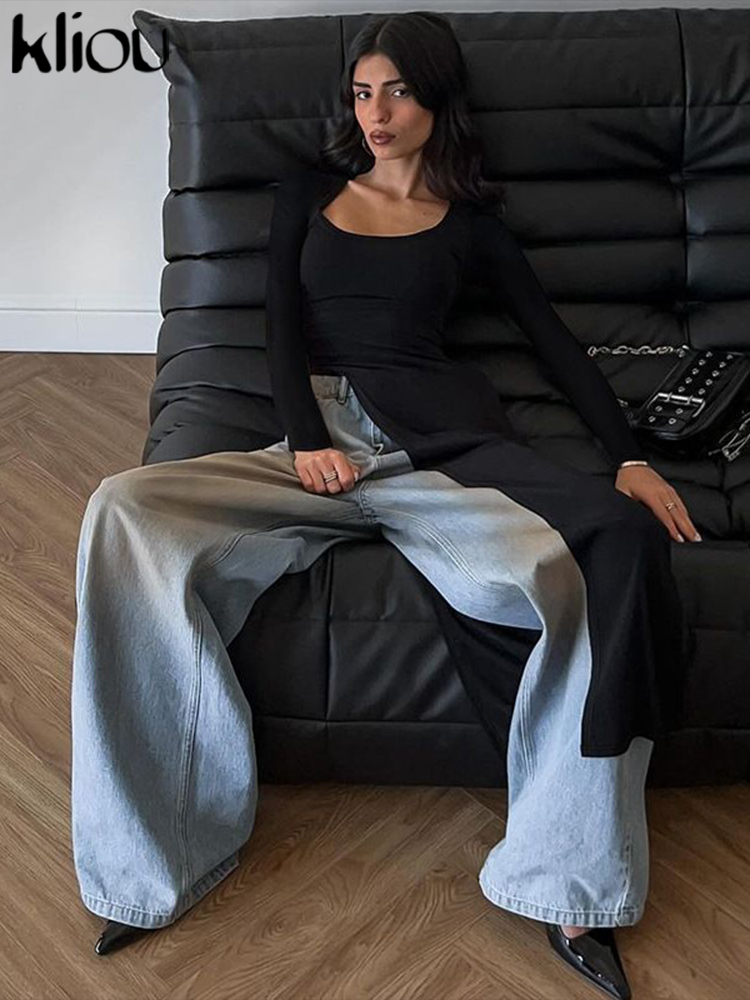 Kliou 固体ユニークな女性トップスクラシック簡潔な秋フルスリーブ U ネックスキニー分割超ロング Tシャツ人気の新しいワイルド Tシャツ