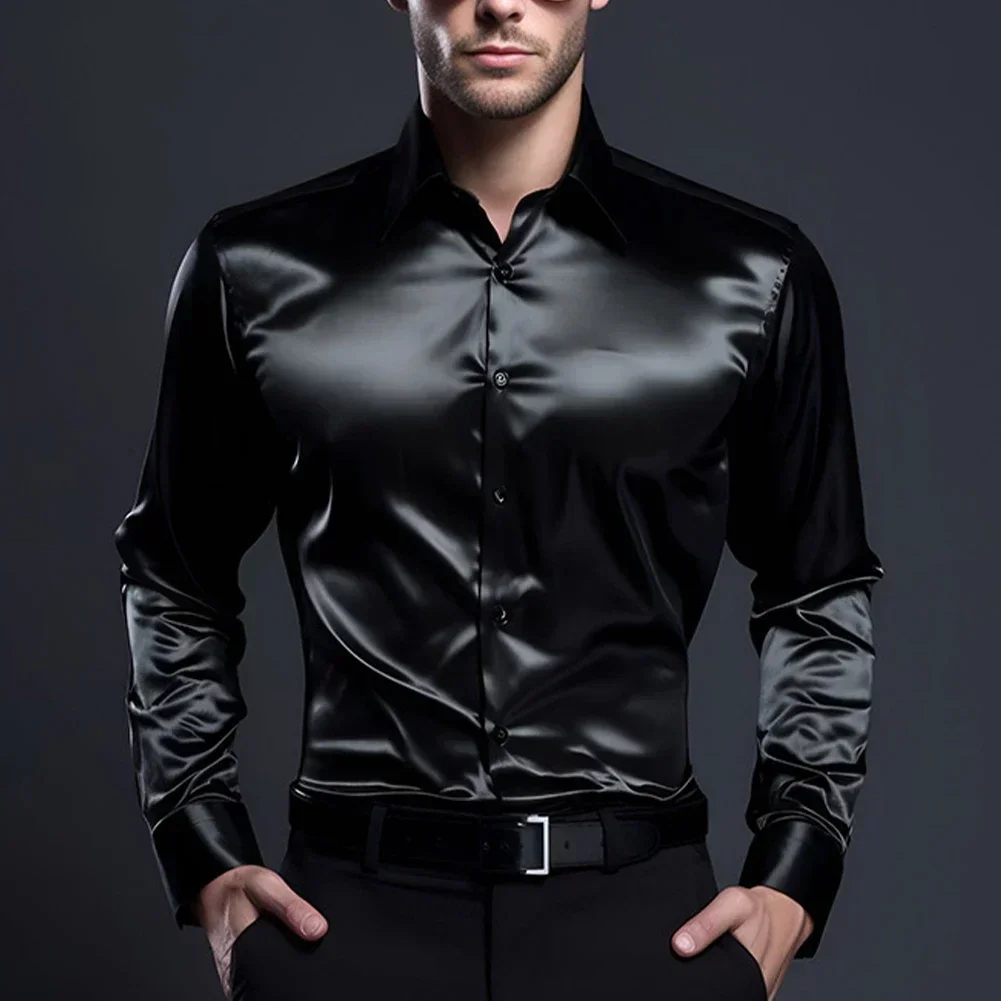 Camisa de vestir elegante de seda satinada para hombre, camisa de traje informal con botones de lujo para fiesta de cóctel y manga larga ajustada