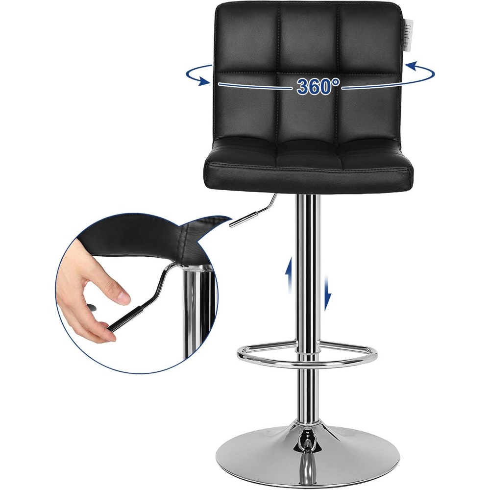 Juego de taburetes de bar de 2 piezas, taburete de bar de cuero sintético de altura ajustable, 360 °   Taburete de cocina giratorio con respaldo y reposapiés
