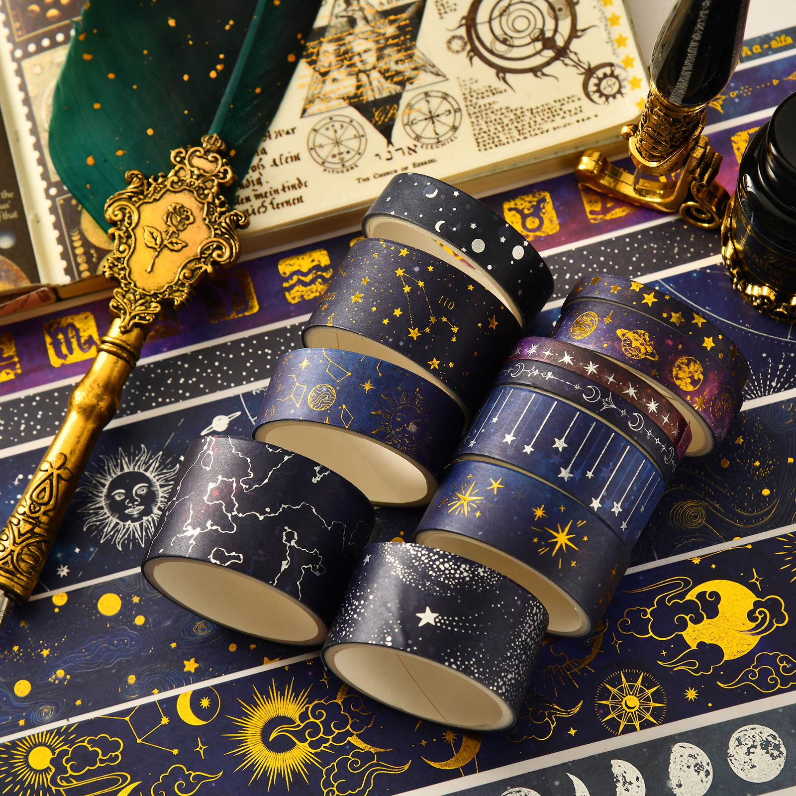 20 ม้วน Vast Universe Washi เทป Galaxy Star Moon Gold Silver Stamping กาวเทปกาวสติ๊กเกอร์ตกแต่ง A7603