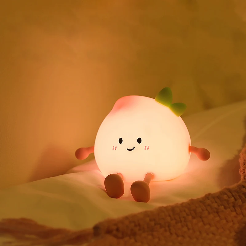 Bonita luz nocturna de fruta de pera y melocotón, lámpara de silicona táctil con atenuación recargable por USB, decoración de cabecera de dormitorio, regalo para pareja, luz Boby