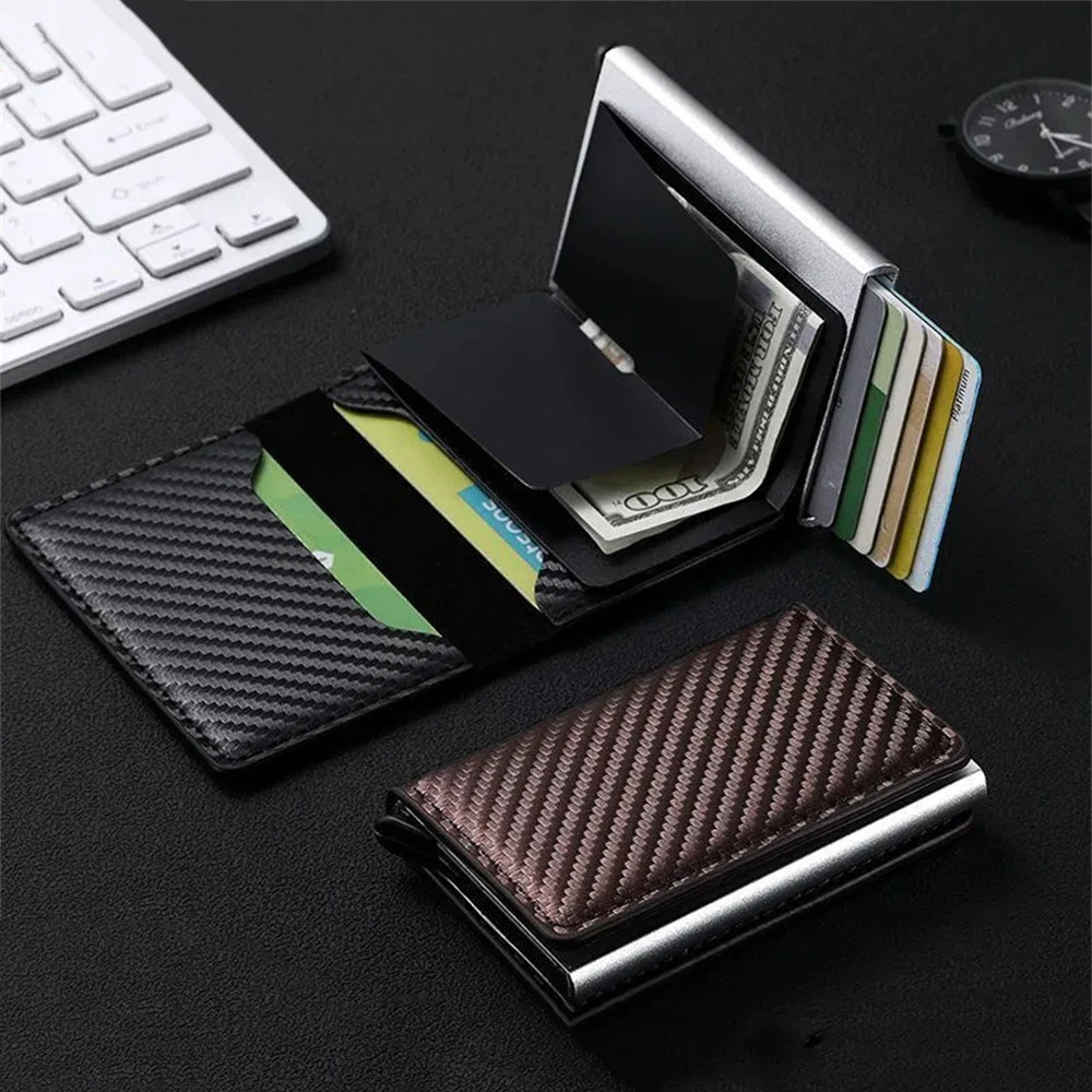 Tarjetero RFID de cuero Pu para hombre, tarjetero de aleación de aluminio de gran capacidad, billetera emergente con desmagnetización automática antirrobo