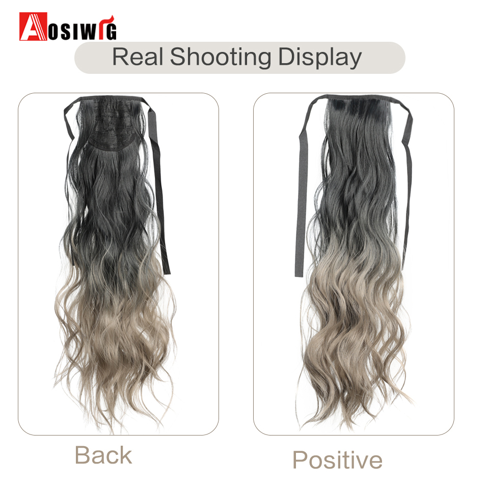 合成カーリーポニーテールヘアピース,カーリーヘアエクステンション,ブラック,グラデーション,ブルー,グレー,耐熱性,w用,24インチ