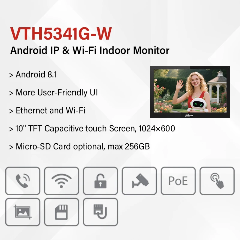 Dahua original android ip & wi-fi monitor interno 10 ''tela de toque monitor de câmera ip com porta poe RS-485 multilang VTH5341G-W