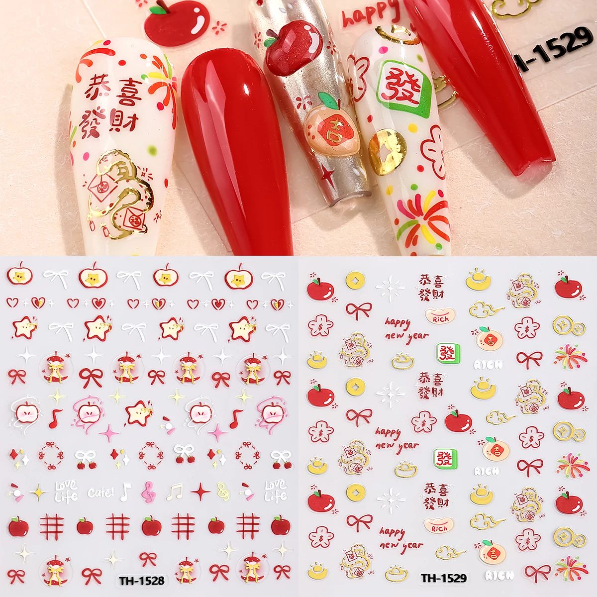 Stiker kuku Tahun Baru merah 3D desain busur bintang koin Apple kartun stiker seni kuku berperekat dekorasi slider manikur DIY
