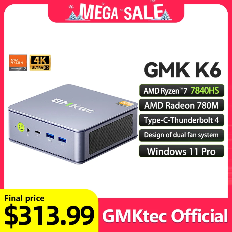 GMKtec Mini Pc GMK K6 AMD Ryzen7 R7 7840HS NUCBOX Design del sistema a doppia ventola Window11 Pro AMD Radeon ™   780M Tipo C USB 4.0