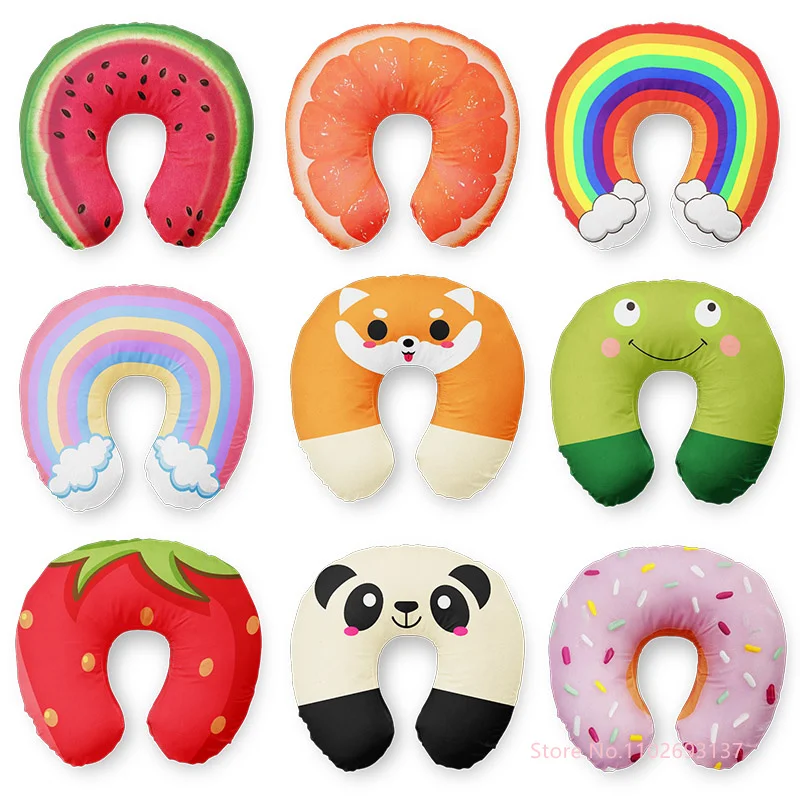 Almohada inflable para el cuello de viaje estilo INS de dibujos animados, Panda en forma de U, nube de arcoíris, fruta, cojín inflable para niños, adultos, familia y amigos