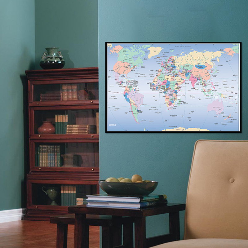 Formato A2 59x42 cm Mappa del mondo in lingua francese, poster da parete su tela stampe sullo sfondo per la decorazione dell'aula scolastica