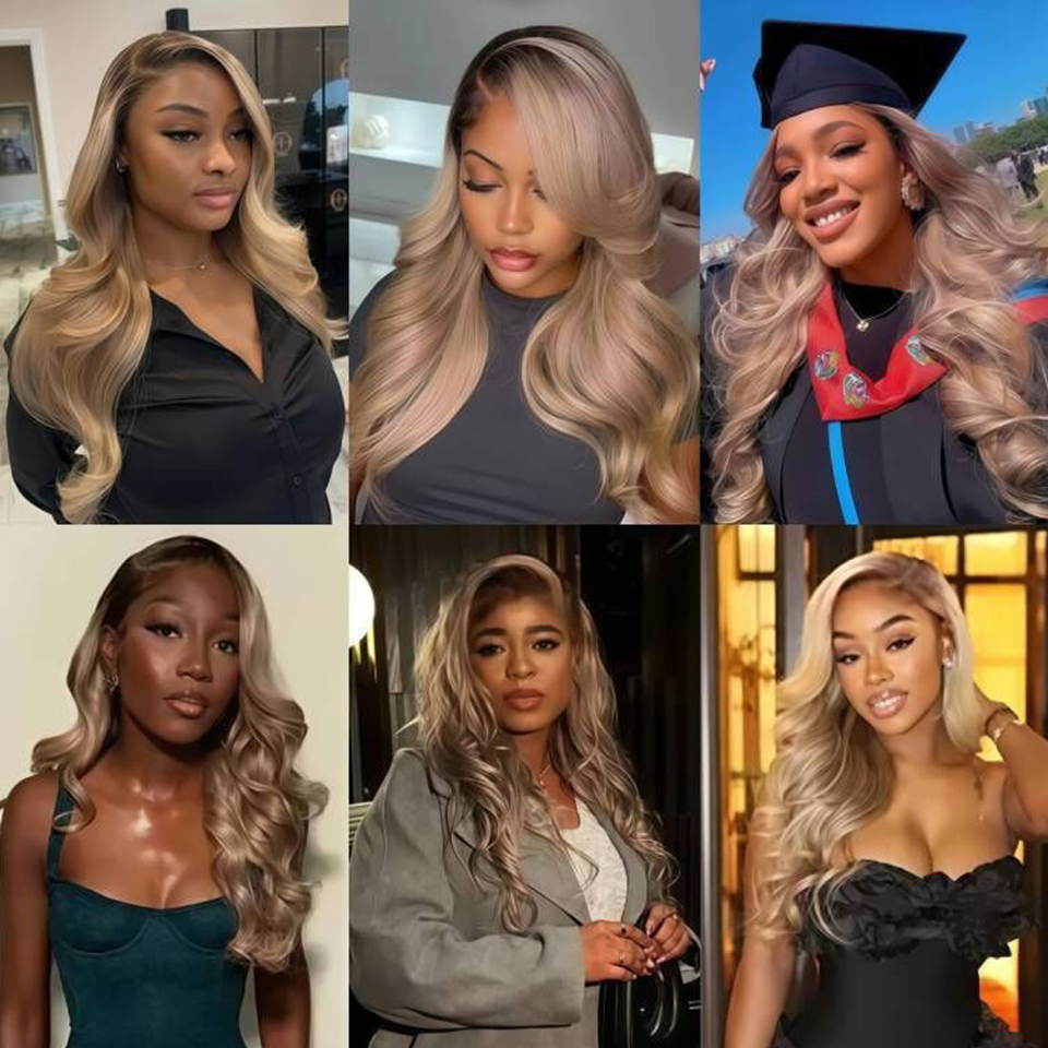 Rubio degradado con raíces oscuras de color 5X5 peluca con cierre para mujeres cabello humano onda del cuerpo Rubio ceniza ombré 13X6 13X4 peluca Frontal de encaje