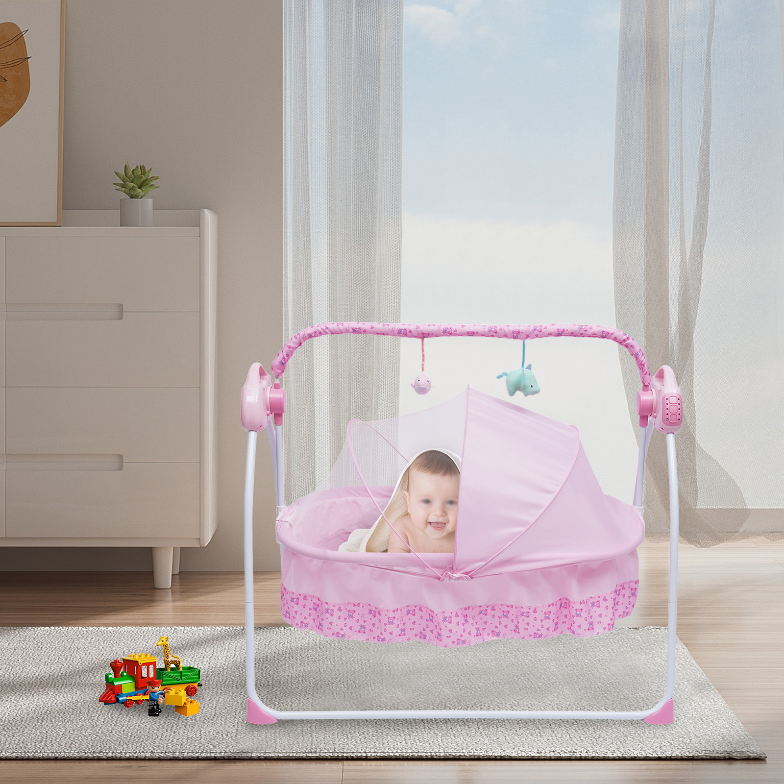 BYMAOCAR 5-Gang-Elektro-Babybett Wiege Bluetooth Auto-Swing Schaukelstubenwagen Schlafbett Säuglingswippe + Netz verstellbares Kindergarten