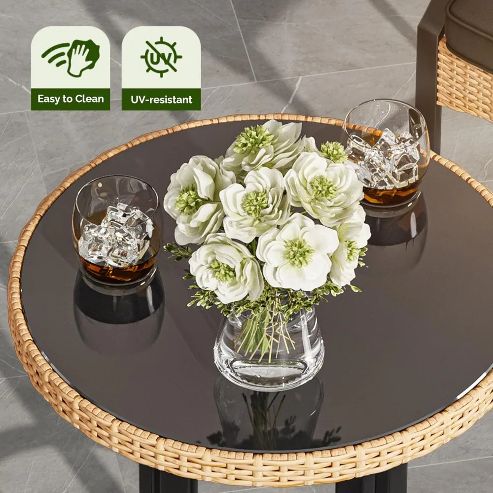 3-Piece Outdoor Wicker Bar Height Set with Cushioned Barstools, Patio Bistro Furniture for Balcony and Poolside
