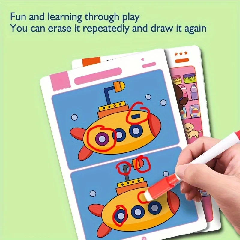 Encuentra diferencias Juego de cartas Rompecabezas educativo de dibujos animados reutilizable para niños Tres niveles de dificultad para entrenamiento de atención de enfoque