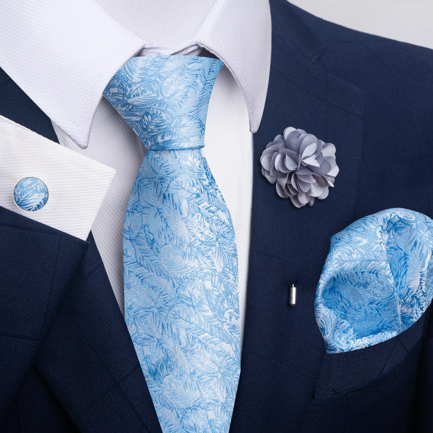 Gran oferta, corbatas florales azules de lujo de 8 cm, conjunto de broche y gemelos cuadrados de bolsillo para hombre, accesorios para traje, regalo de vacaciones, fiesta Formal