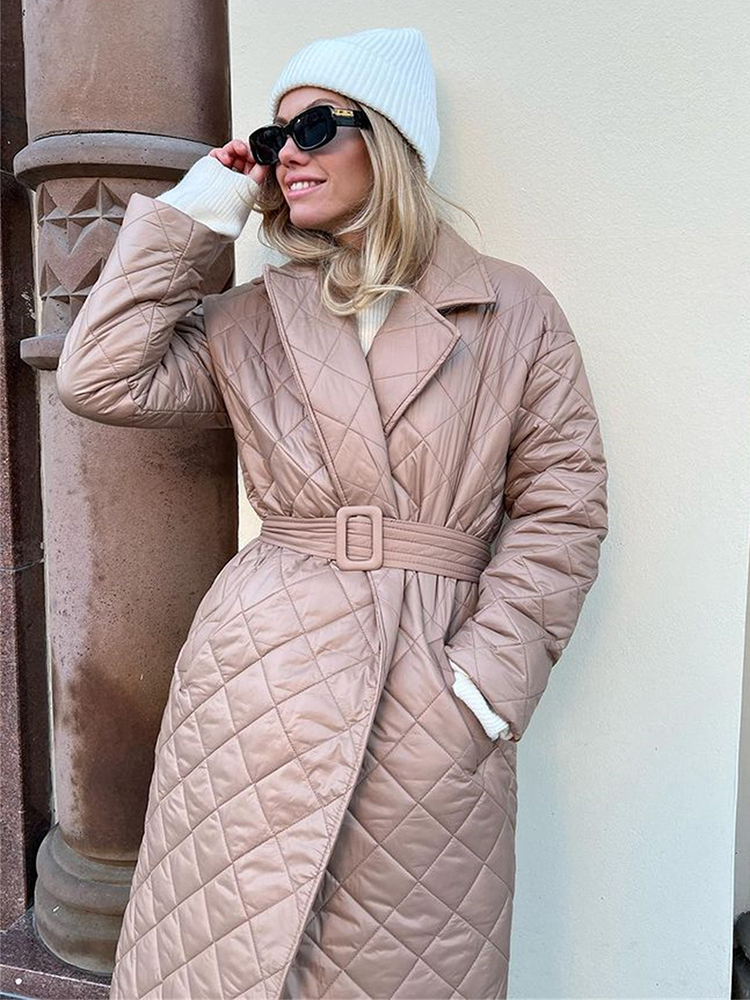 Cryptographic outono inverno manga longa parkas acolchoados casacos e jaquetas para mulheres cinto quente trench coat quente para baixo jaquetas roupas