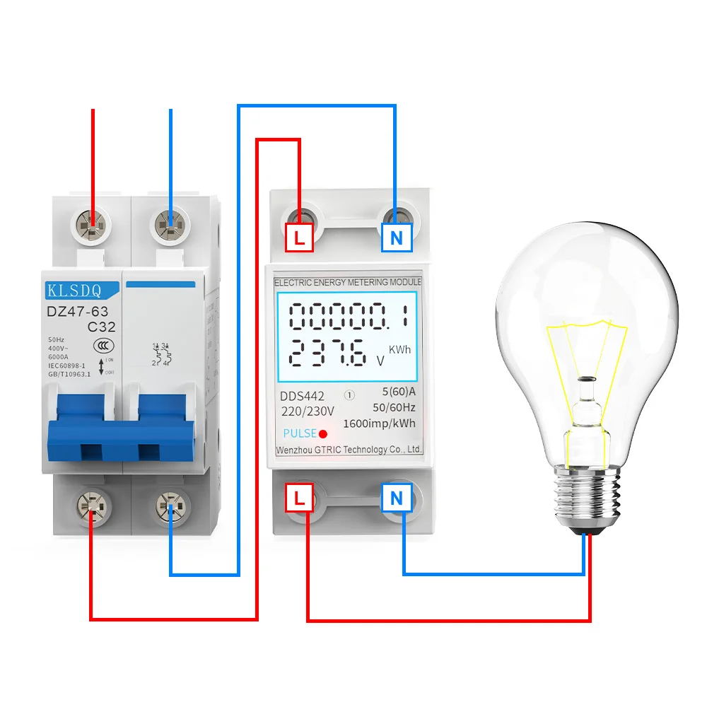 GTRIC Electric Energy Meter 2P Single Phase  LCD Digital Display DIN Rail Mounting 2-wire Electric Meter Wattmeter AC 230V 50Hz