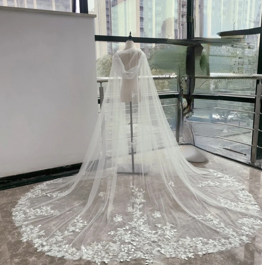 Mũ Trùm Đầu Cưới Áo Voan Họa Tiết Hoa Mũi Che Cho Cô Dâu Ren Hoa Áo Nhà Thờ Chính Tòa Dài Cô Dâu Vân Nhà Nguyện Mũi Vân Tùy Chỉnh