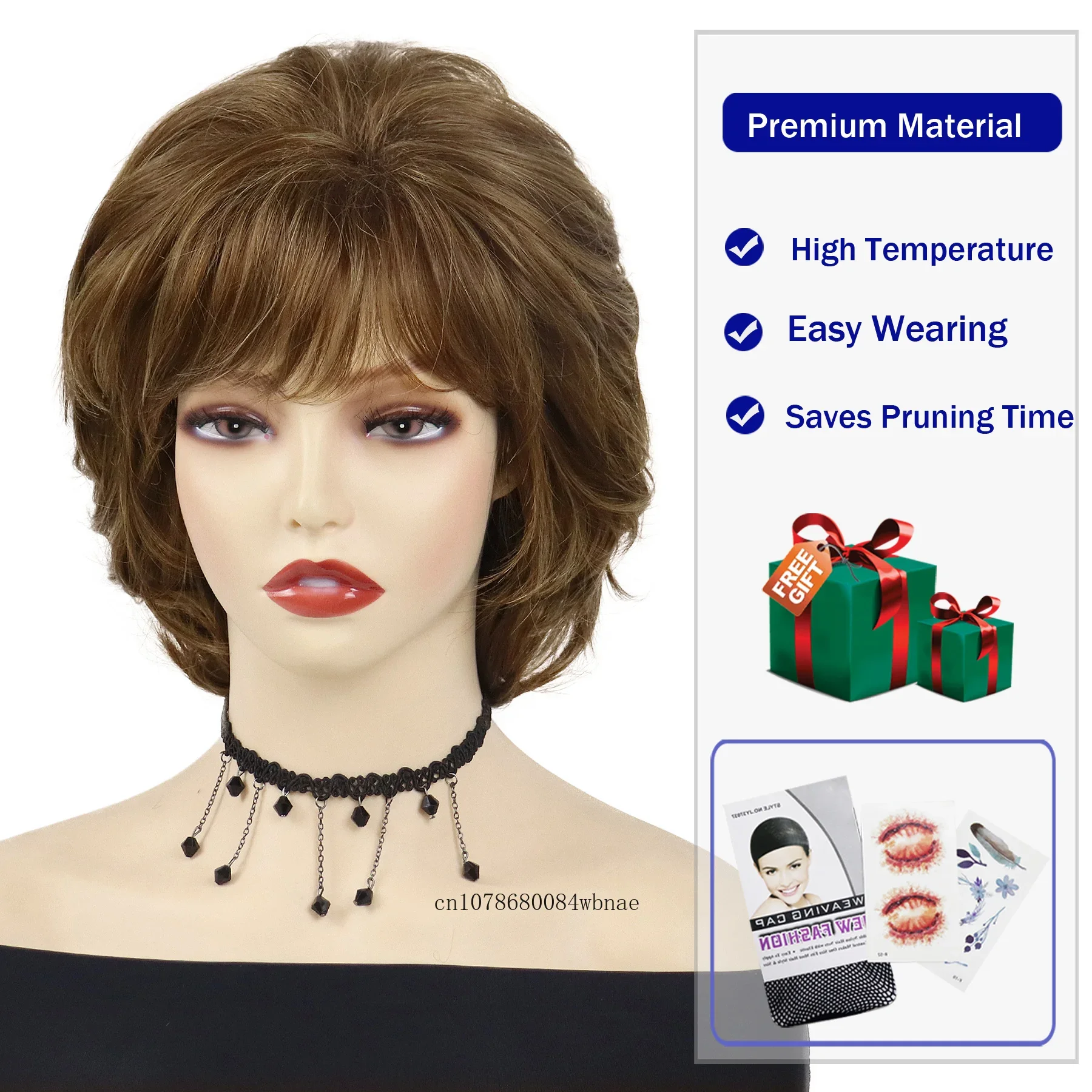 Moda feminina cabelo sintético fofo curto mix marrom encaracolado perucas com franja cachos mamãe peruca resistente ao calor traje de festa diária