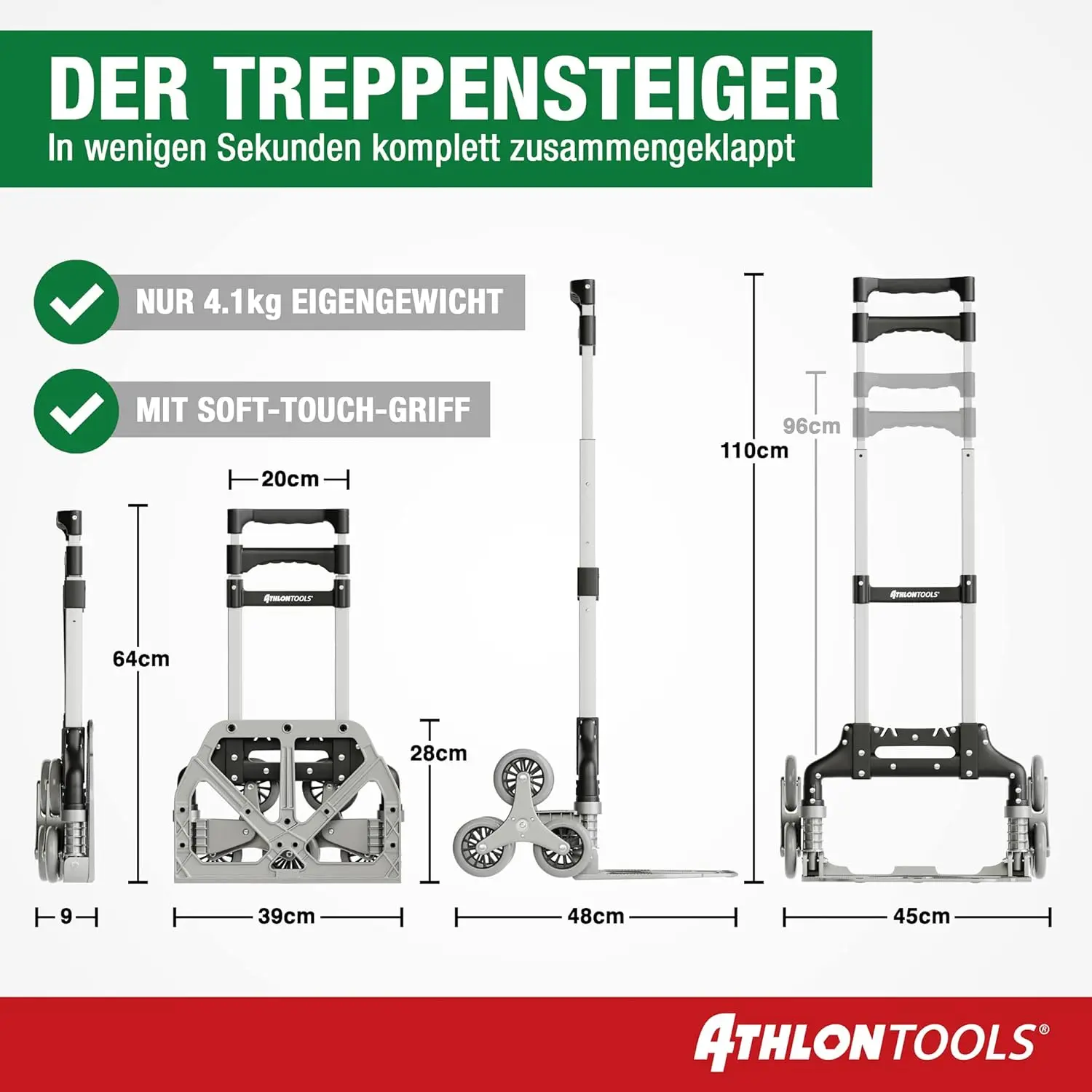 ATHLON TOOLS Aluminium Treppensteiger-Sackkarre klappbar – extra langer Griff 110 cm – Ladefläche mit Anti-Rutsch-Pads – Modell