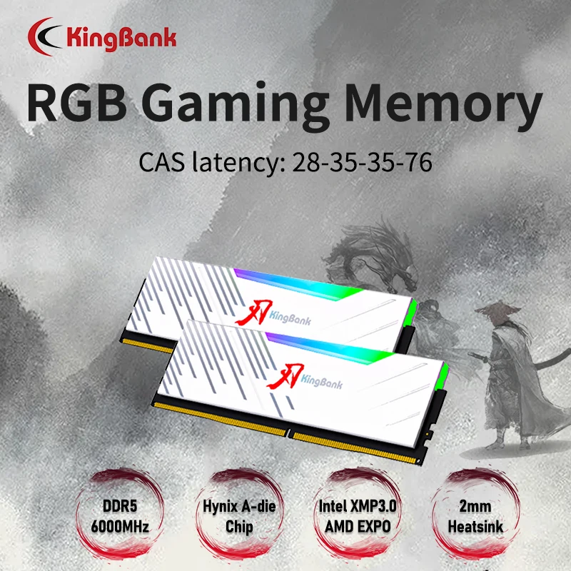 KingBank Radiator Pamięci RAM DDR5 6000MHz 16GB Desktop Pamięć DDR5 RAM Dual Channel Komputer Desktop PC Hynix A die CL28