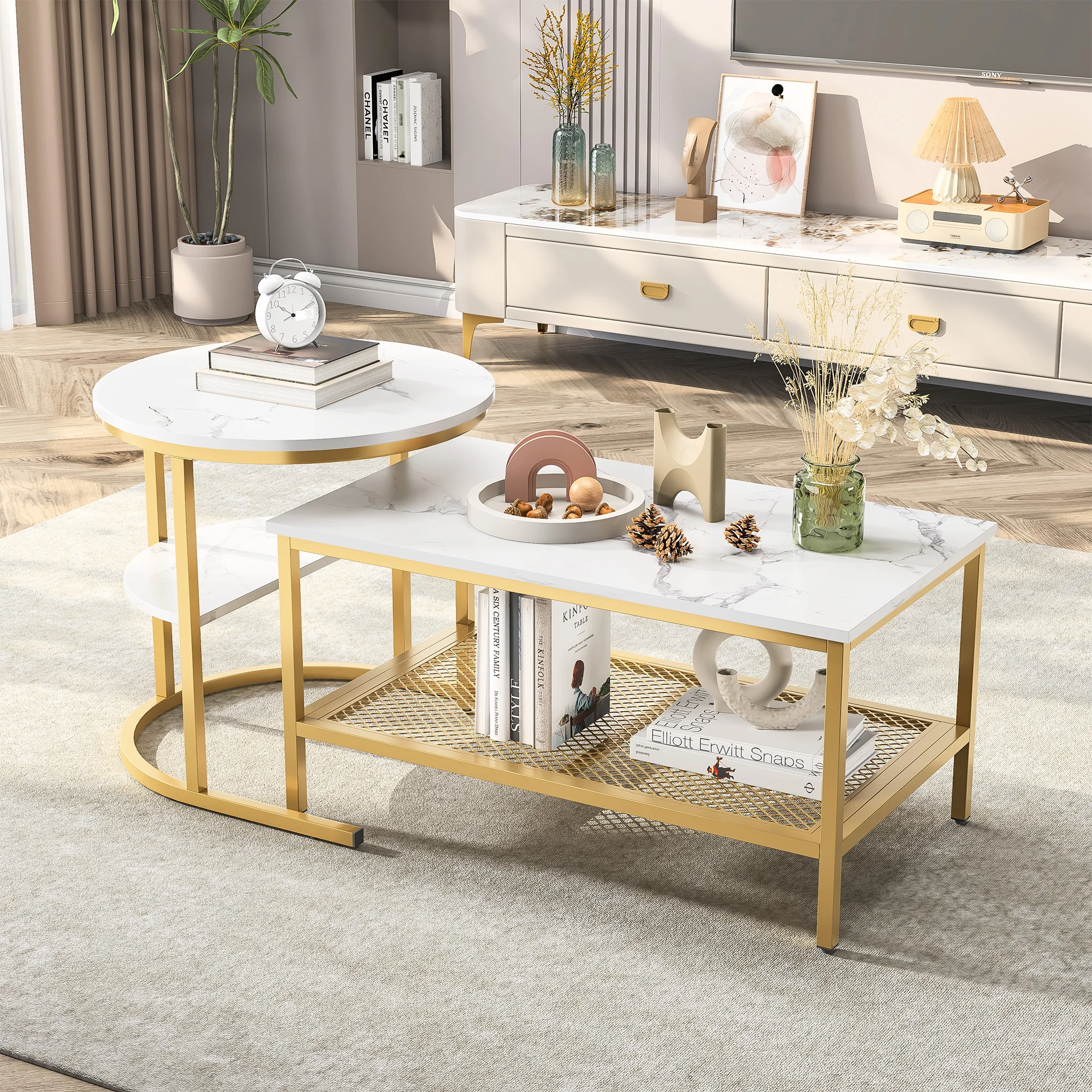 Anajqaqia Ensemble de tables basses modernes Tables d'appoint rondes rectangulaires 80x46x41cm 52x52x51cm