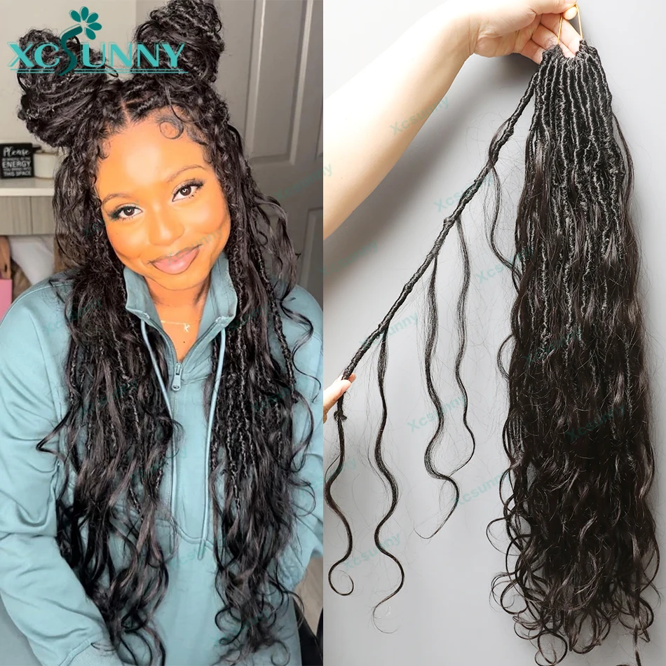 Knotless Pre-Looped Boho Locs com encaracolado termina, Onda do corpo, Cabelo humano Curls, Crochet Locs