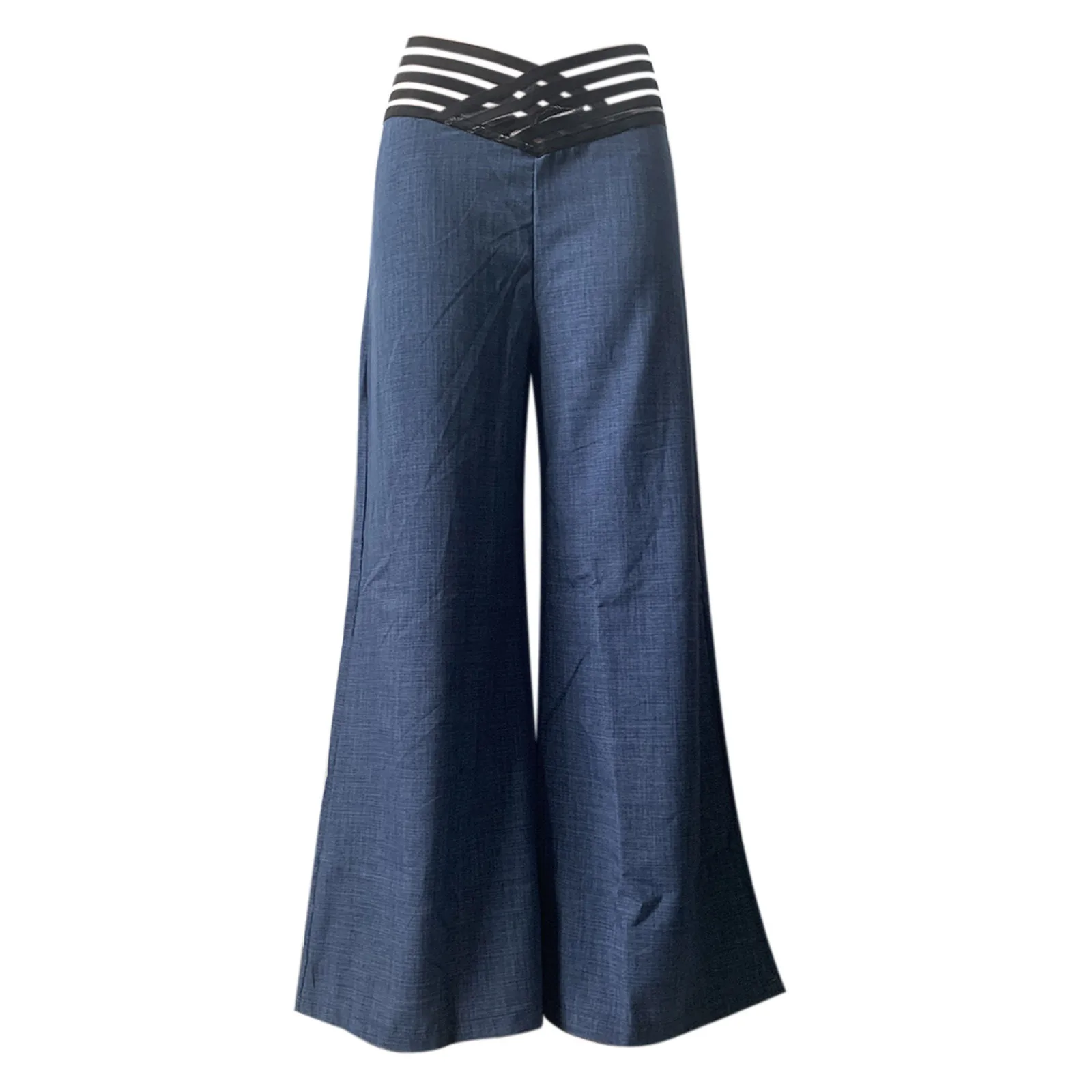 Pantalones acampanados para mujer, pantalones elegantes informales de oficina para mujer, pantalones de cintura alta para primavera y verano, pantalón de pierna ancha con parche de malla transparente entrecruzado liso