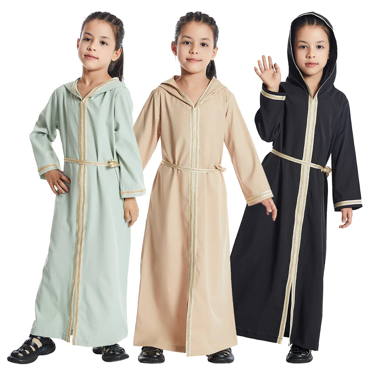 Meninas com capuz aberto abaya primavera verão preto djellaba casual vestido com capuz muçulmano crianças islâmico ramadan árabe quimono caftan vestidos