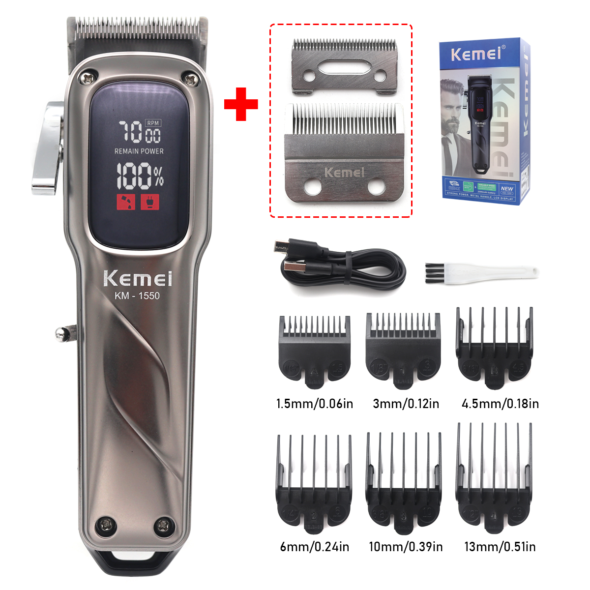 Cortadora de pelo profesional Kemei KM-1550 para hombres pantalla LED interfaz USB inalámbrica de bajo ruido Máquina para cortar cabello cortadora de pelo