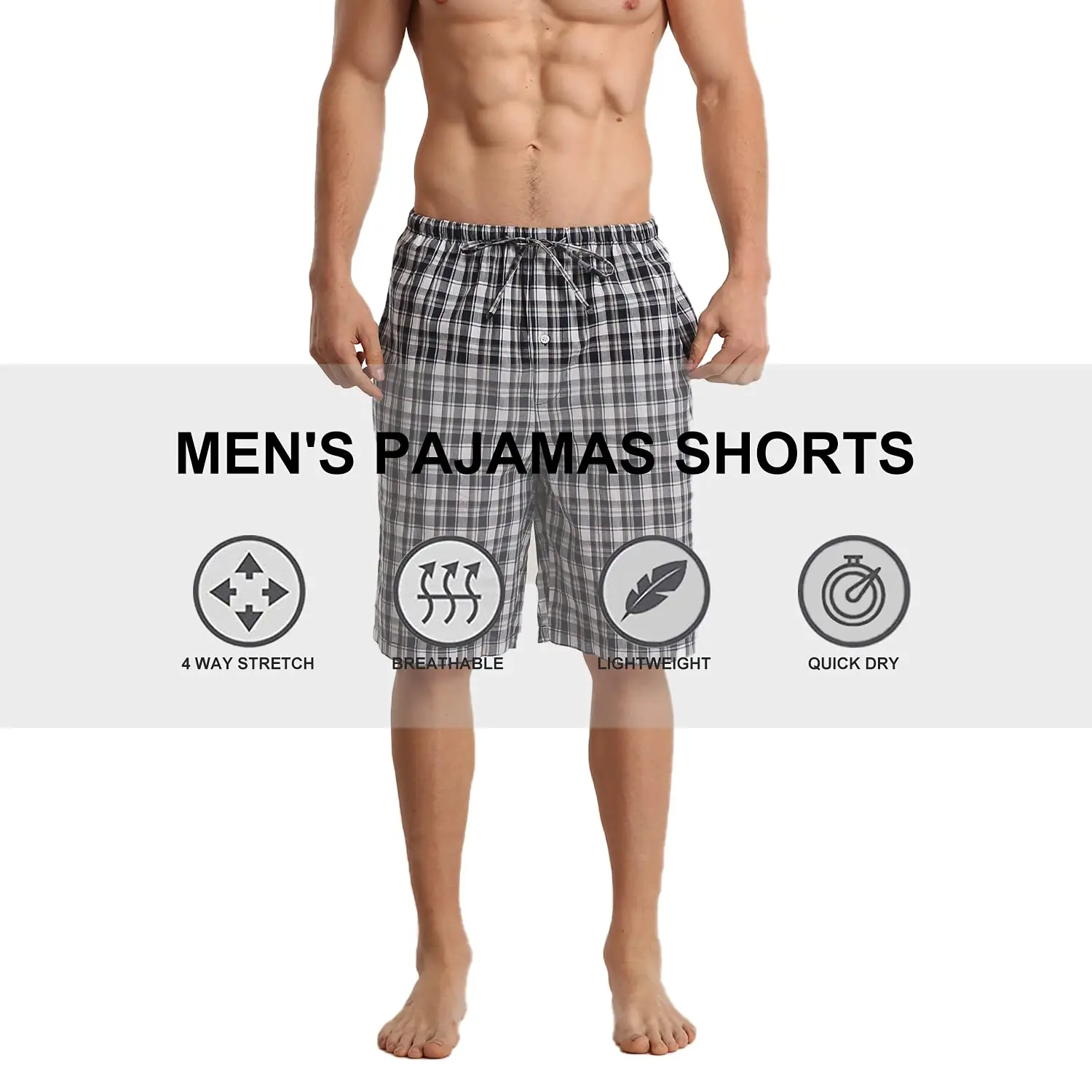 2 pacotes de shorts de pijama masculinos, pijama de verão para homens, shorts de dormir de algodão macio para homens, conjuntos curtos xadrez com bolsos e cordão