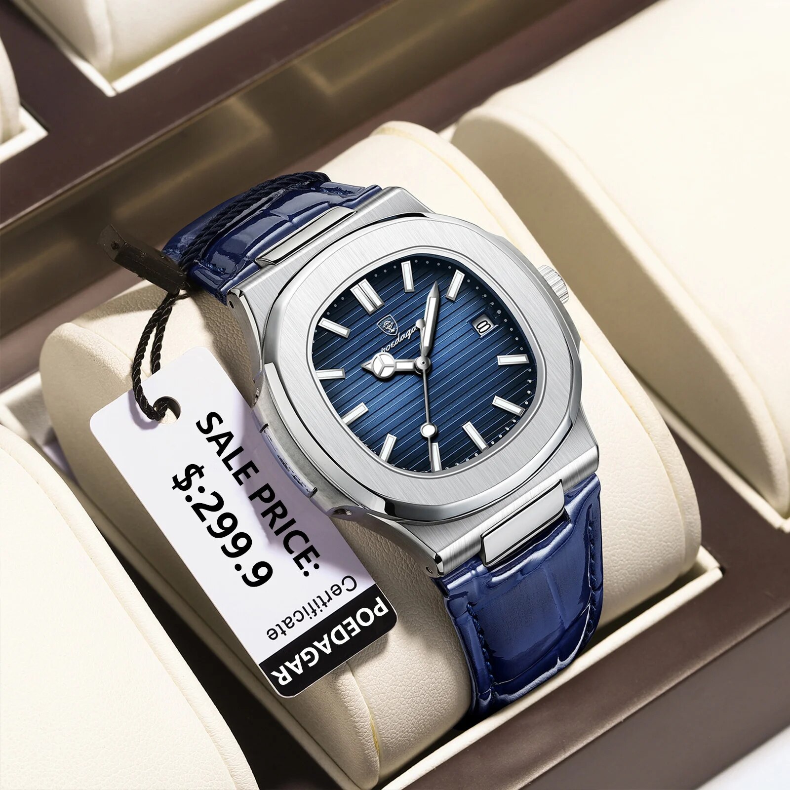 POEDAGAR Top Luxury Square Orologio da uomo Data Orologio da polso da uomo luminoso impermeabile Orologi al quarzo da uomo in pelle di alta qualità + Box Reloj