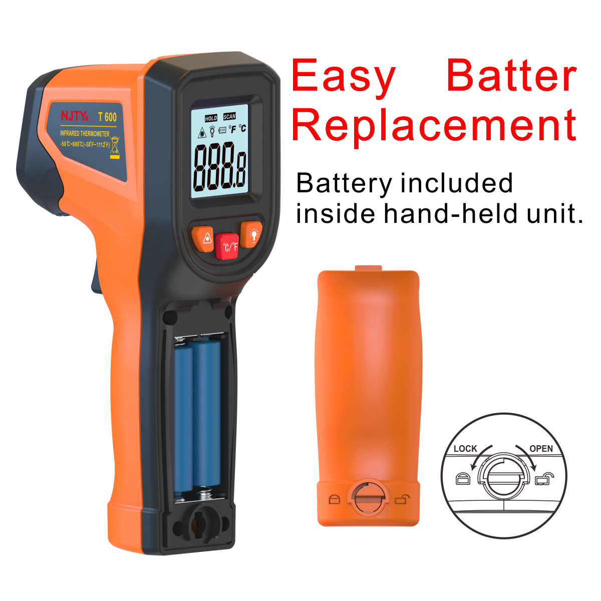 NJTY T600 Termómetro infrarrojo Temperatura de calor portátil para probador de cocina Horno de pizza Parrilla y motor - Lectura de temperatura de superficie láser
