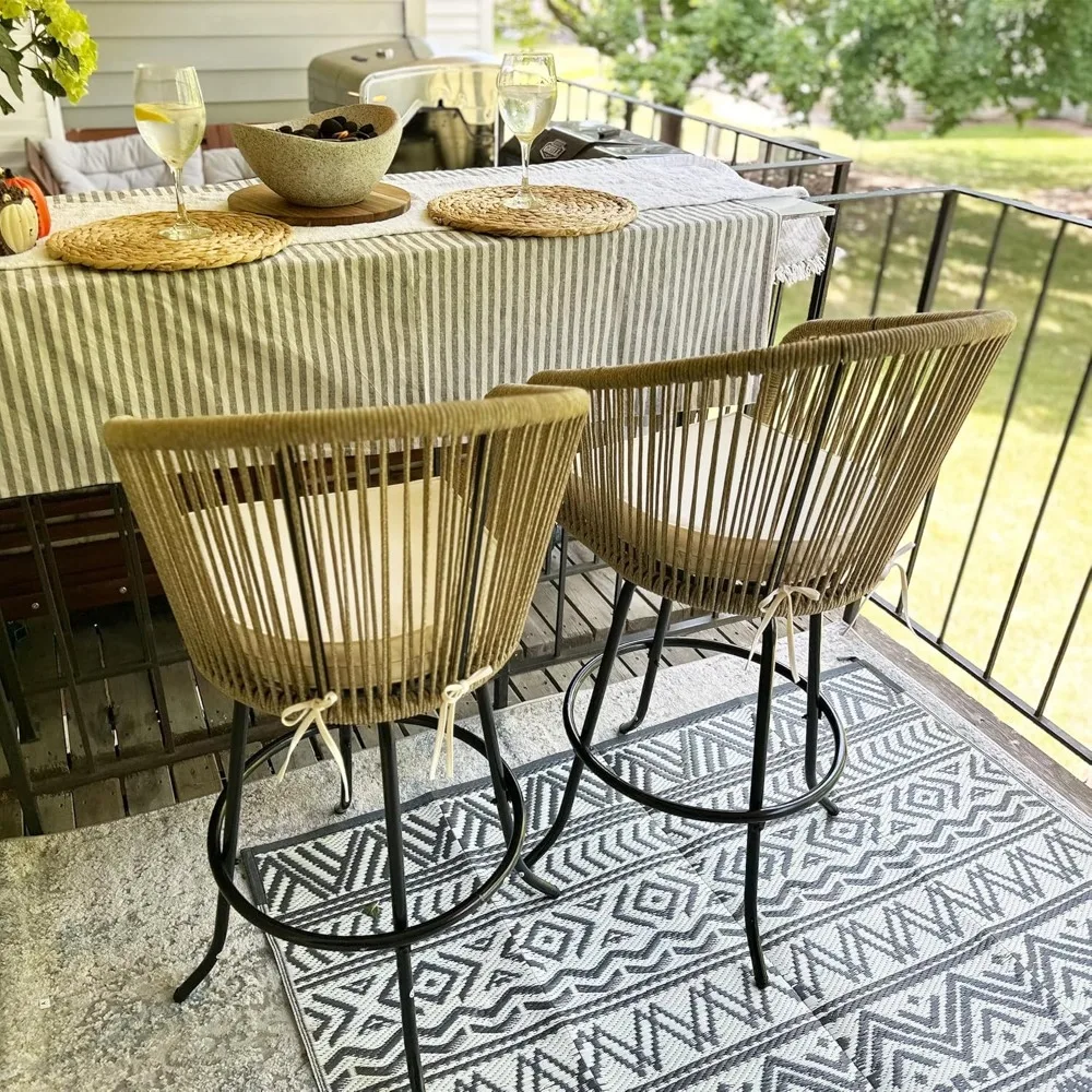 Counter Height Bar Stools Set of 4, Outdoor Bar Stools with Soft Cushions, Patio Rattan Swivel Bar Chairs for Backyard  Poolside