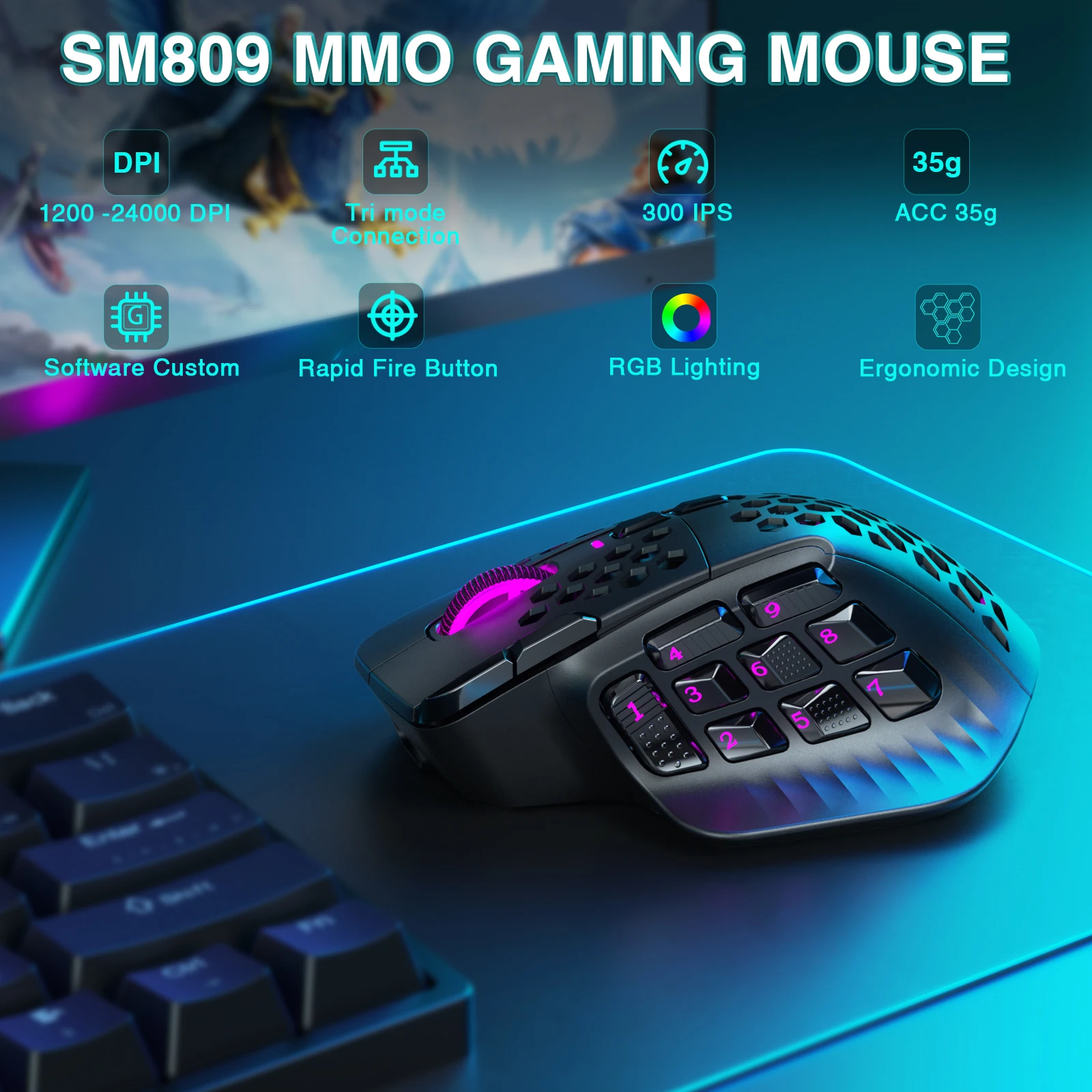 SOLAKAKA SM809 Pro ratón inalámbrico para juegos MMO PAW3311 16 botones laterales 24000 DPI RGB panal programable Macro ratón inalámbrico