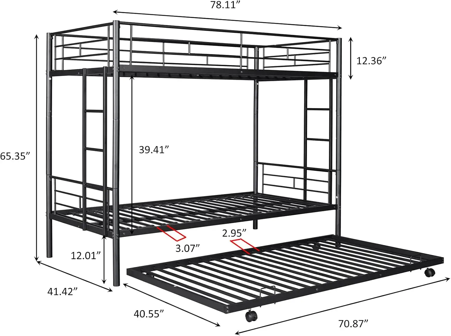 Twin Over Twin Metal Bunk Bed with Trundle Heavy Duty Twin Size Bunk Beds Frame with 2 Side Ladders,Bunkbed