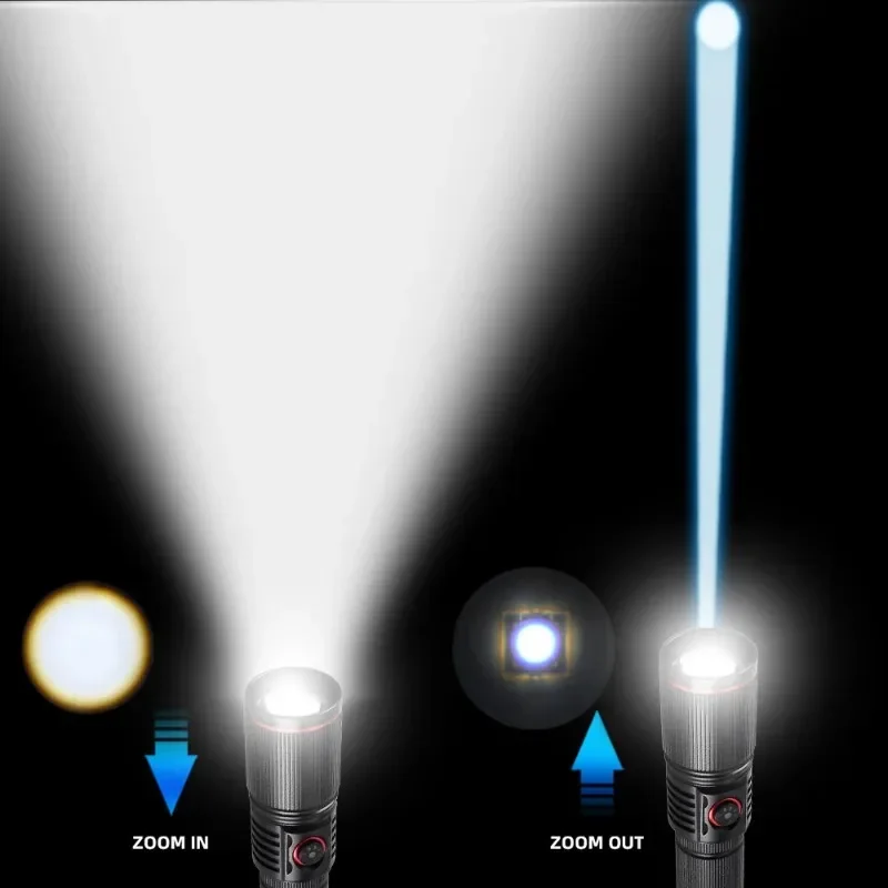 ไฟฉาย LED เลเซอร์สีขาวที่มีประสิทธิภาพ USB ชาร์จซูม 18650 แบตเตอรี่ Hand Light Long Shot สําหรับตั้งแคมป์ล่าสัตว์ตกปลา