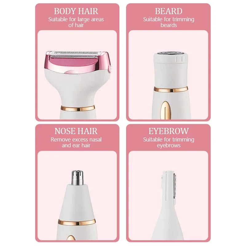 Epilatori elettrici 4 in 1 da donna Tagliacapelli per ascelle, bikini, braccia, gambe, viso e barba Epilatore portatile e indolore