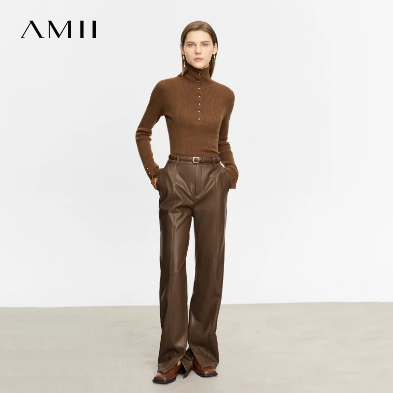 AMII минималистичные повседневные брюки из искусственной кожи для женщин, осень 2023, новые свободные женские брюки длиной до пола с прямым разрезом 12343250
